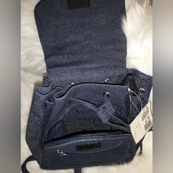 Women's Blue Canvas Drawstring Backpack Purse - Picture 5 of 9